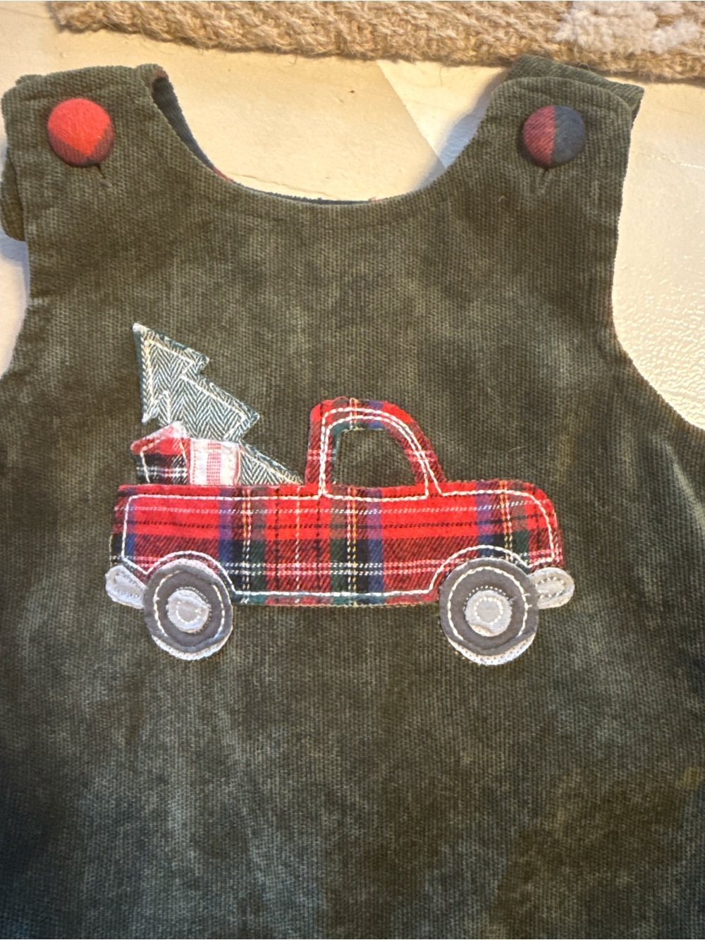 EUC Mud Pie baby boy Green soft Corduroy overalls  with Red Plaid Truck Appliqué